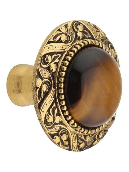 Victorian Cabinet Knob Inset with Tiger Eye - 1 5/16 inch Diameter in 24K Gold Plate.